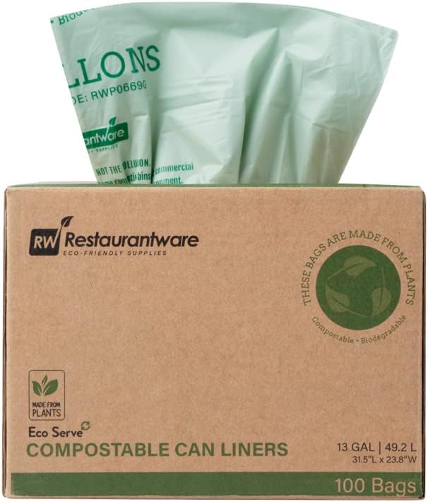 Restaurantware-RW Eco 13 Gallon Biodegradable Garbage Bags, 100 Compostable Trash Bags - Star Seal Bottom, Won't Tear Or Leak, Green Plastic Trash Can Liners, BPI-Certified, For Office And Homes