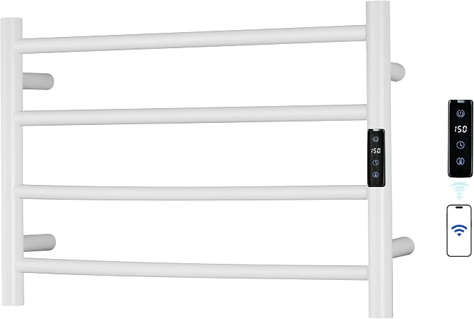 Electric Towel Rack with Voice Control for Alexa & Google Home,TUYA - Wall-Mounted Bathroom Heating Towel Warmer,Plug-in,Stainless Steel Material,16.54x23.62x5.51 in,White,4 Bars