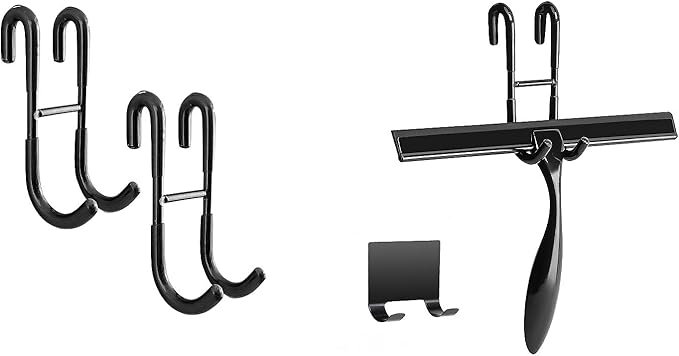 Simtive 10-Inch Shower Squeegee (Includes 1 Shower Door Hook and 1 Adhesive Hook), Shower Door Hooks (2-Pack), Both Black, 2 Item Bundle
