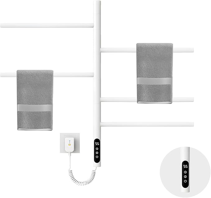 Electric Towel Warmer,5-Bar Rotating Heated Towel Rack,2-3 Minutes to 55°C/131°F,Wall Mounted Towel Warmer with Timer and Multi-Stage Temperature Regulation,Plug-in/Hard-Wired,White