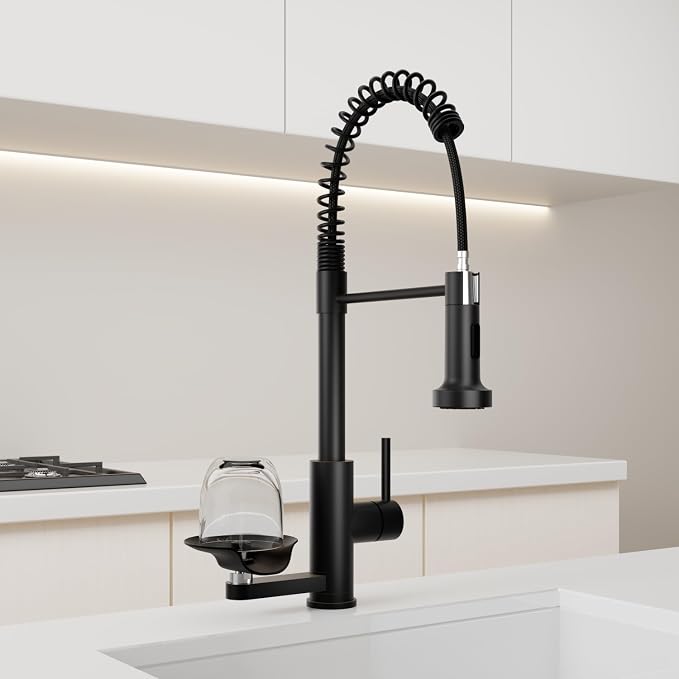 Kitchen Sink Pull Down Faucet with Cup Washer Single Handle Commercial Industrial Pull Out Spring Faucets with Glass Rinser fit 1 or 3 Hole for Farmhouse Camper Laundry Utility RV Wet Bar Matte Black