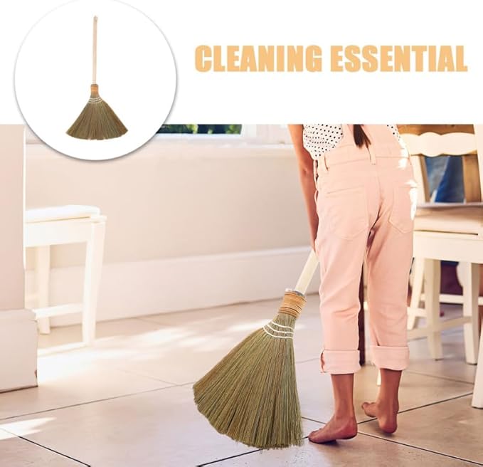 Healeved Handmade Asian Broom for Indoor Sweeping, 26" Short Handle Traditional Vietnamese Miscanthus Straw Broom with Hanging Cord, Soft Bristle Floor Sweeper for Hardwood, Tile and Dust Cleaning