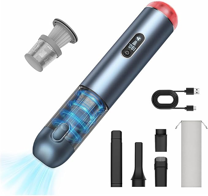 Handheld Vacuum, Powerful 18000pa Car Vacuum with Brushless Motor, Portable Hand Held Vacuum with 3 Speed Modes, 5- in-1 Mini Cordless Vacuum Cleaner with White LED & Red Flash for home Car Office