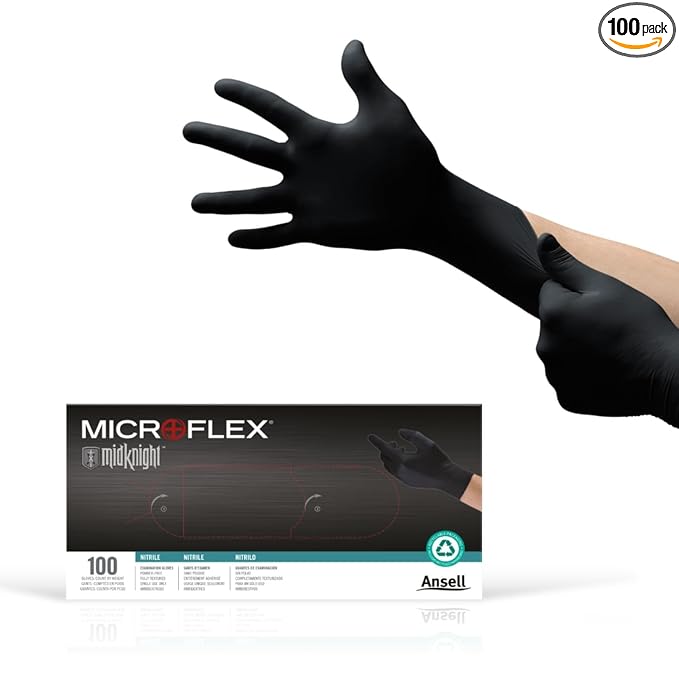 Ansell MICROFLEX MidKnight MK-296 Disposable Nitrile Gloves for Automotive, Law Enforcement w/ Full Texture - XX-Large, Black (Box of 100)