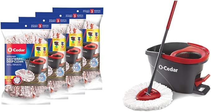 O-Cedar EasyWring Deep Clean Refill (4-Pack) | 40% More Cleaning Power | Microfiber Mop Refill + O-Cedar EasyWring Microfiber Spin Mop, Bucket Floor Cleaning System, Red, Gray