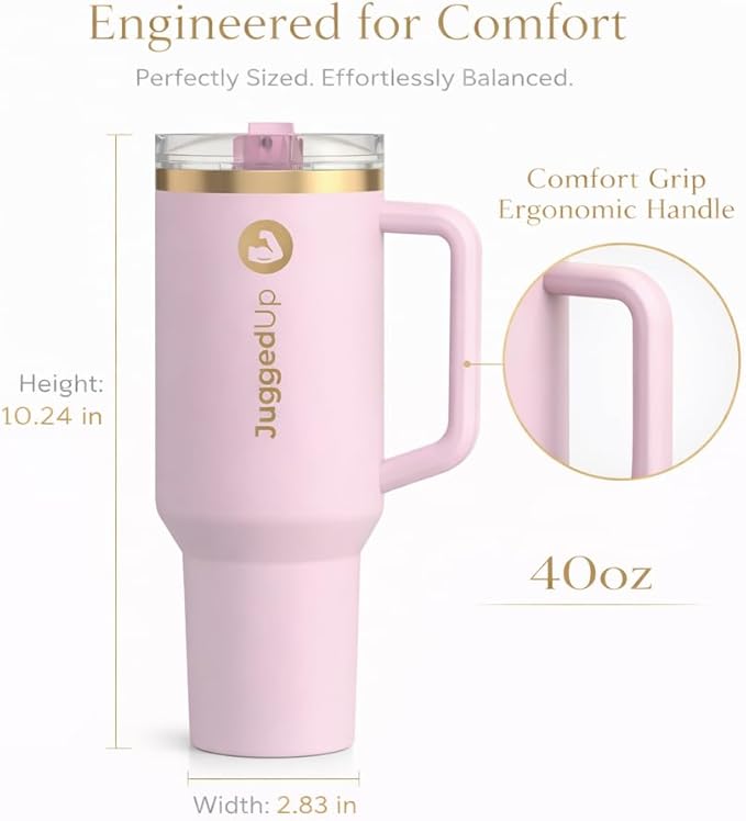 40oz Insulated Stainless Steel Tumbler with Handle & Flip Straw Lid – Leak-Proof Travel Mug, Cup Holder Compatible, BPA-Free – Blush Gold