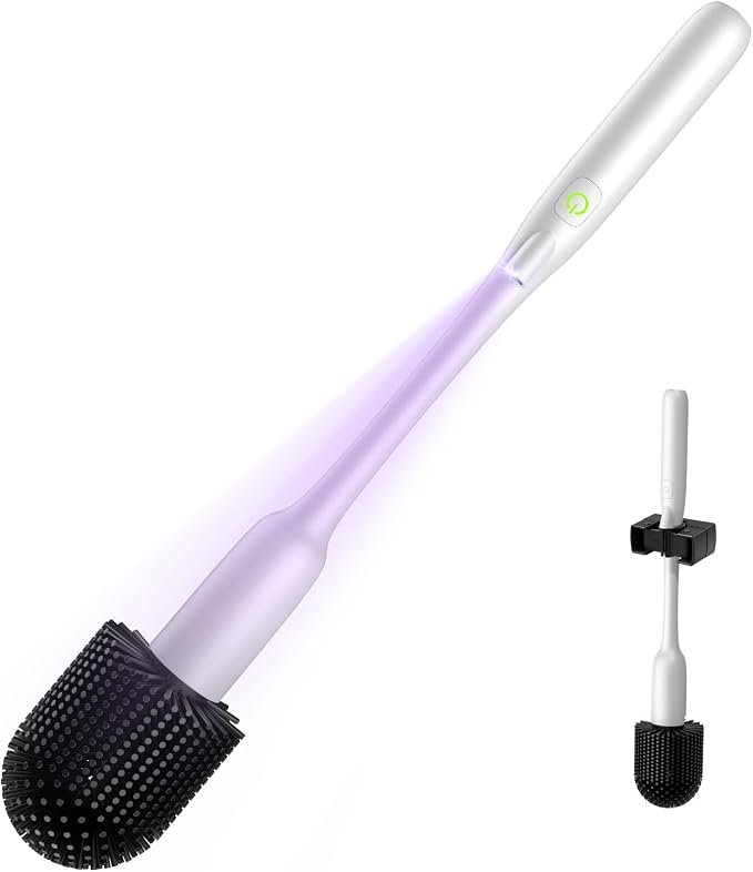 EKZ Electric Toilet Brush with UV Stain Detection, High-Torque Deep Cleaning, Dual-Speed 80/200 RPM, Silicone Brush Head, Wall-Mounted Holder, Type-C Rechargeable, White