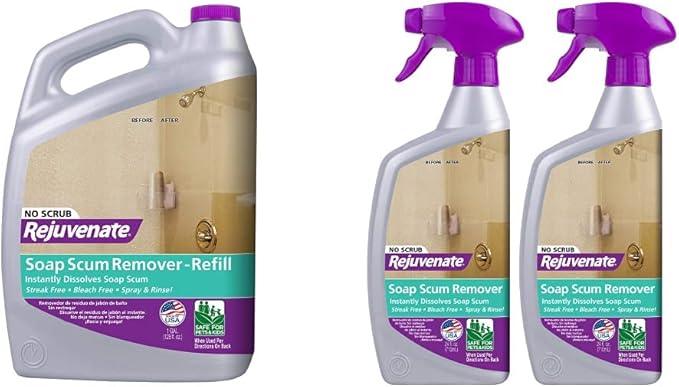 Rejuvenate Scrub Free Soap Scum Remover Cleaning Formula & Scrub Free Soap Scum Remover Shower Glass Door Cleaner Works on Ceramic Tile, Chrome, Plastic and More (2 Bottles x 24oz)