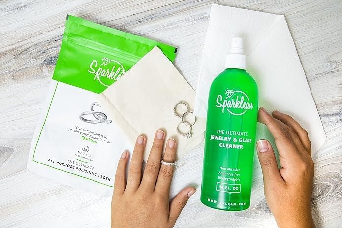 SPARKLEAN Jewelry Cleaner Kit · 16oz Spray + Silver Polishing Cloth · Cleans + Polishes + Removes Tarnish · Safe on Gold Silver Diamond Pearl · Family Size · Made in USA Since 2000