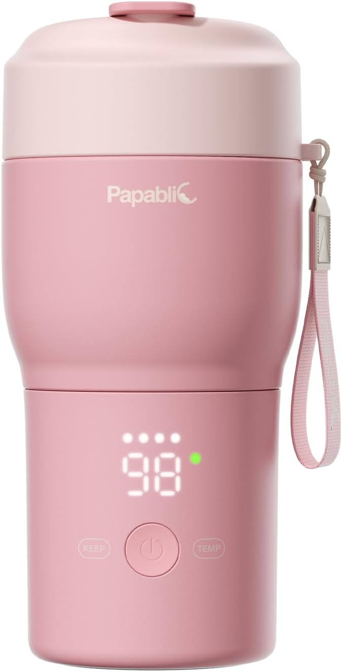 Papablic Portable Bottle Warmer Pro for Travel – Fast Heating, Built-in Sterilizer, 30W Fast Charge, 5-Temp Control, Easy-Clean Wide Mouth, Baby Milk Warmer for Breastmilk & Formula, Sakura Pink