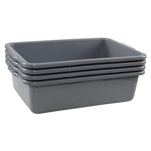 4 Pack Commercial Bus Boxes, 23 L Plastic Bus Tubs, Gray