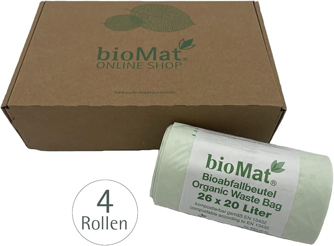 bioMat Compostable Trash Bags 4 Gallon, 100 Count, Small flat top Kitchen Food Scrap Bin Liners, BPI, CMA and OK Compost HOME certified, Meets the ASTM D6400 Standard