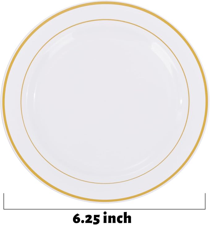 bUCLA 200PCS Gold Plastic Plates - 6.25inch White with Gold Trim Disposable Salad/Dessert/Appetizer/Small Cake Plates, Ideal for Wedding & Party