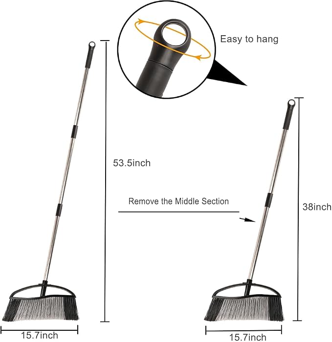 Heavy Duty Outdoor Broom - 15.7" Wide Broom with Long Adjustable Handle & Stiff Bristles for Patio, Garage, Yard, Garden (Black)