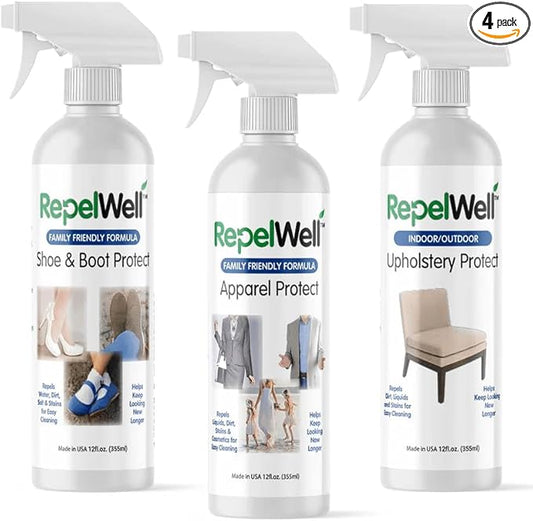RepelWell All-Purpose Fabric & Footwear Protection Spray Kit – 3-Pack (12 oz Each) – Shoe & Boot, Upholstery, and Apparel Protectant – Water & Stain Repellent for Clothing, Furniture & Gear