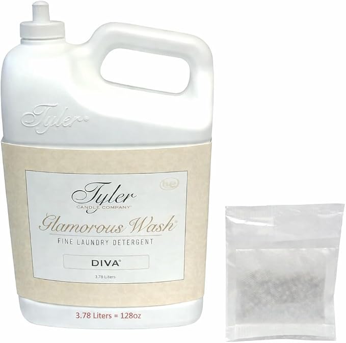 Tyler Candle Company Glam Wash Laundry Detergent, Diva, Liquid, 128 Fl Oz HE Safe w/Dryer Sachet Pouch, Pull and Pour Spill Proof Cap oh