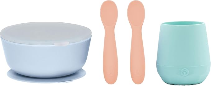 WeeSprout First Feeding Set - Silicone Baby Training Cup 2 Oz, Suction Bowl 10 Oz with Lid & 2 Baby Led Weaning Spoons - For Children 4+ Months - Non-Slip Grip - Dishwasher & Microwave Safe