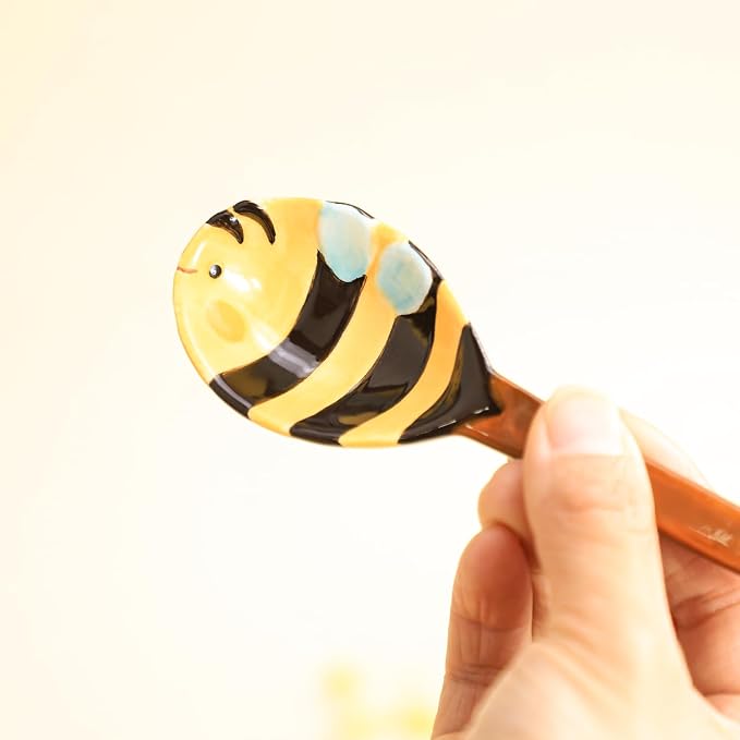 Sizikato 4pcs Porcelain Measuring Spoons with Base, Cute Ceramic Bee Spoons and Honeycomb Cup