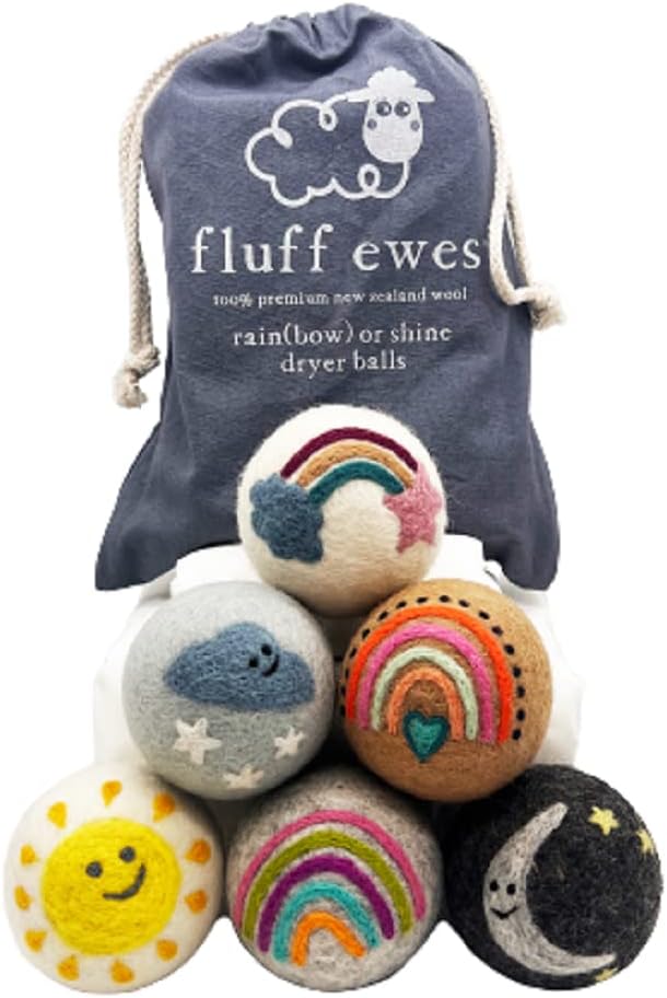 Hustle & Blush Wool Dryer Balls and Essential Oils Blend Bundle Laundry Set, Reduces Drying Time with Long Lasting Fresh Scent Laundry Supplies - 6 Pack Rainbow Dryer Balls & 15 ml Lavender Rain Oil