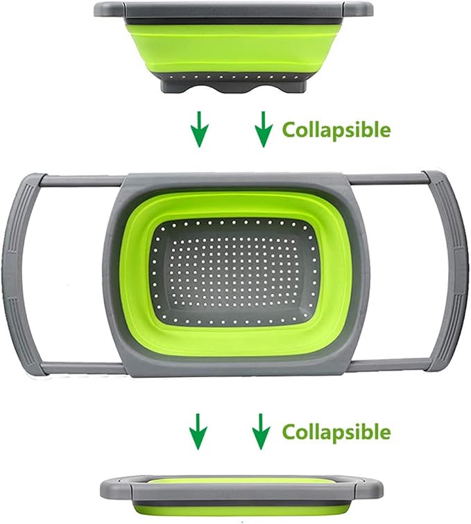New Version 11Pack Silicone Kitchen Strainer Collapsible Colander with Foldable Silicone Measuring Spoon Measuring Cup Kitchen Good Tools (Green) 9.6 * 1.1