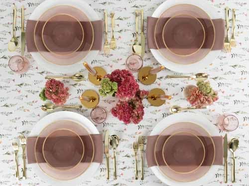 PLASTICPRO 32 Pieces Crystal Design Plastic Plates Combo Pack 16-7 inch and 16-10 inch with Gold Rim Elegant Disposable Plates, Rose Color with Gold Rim
