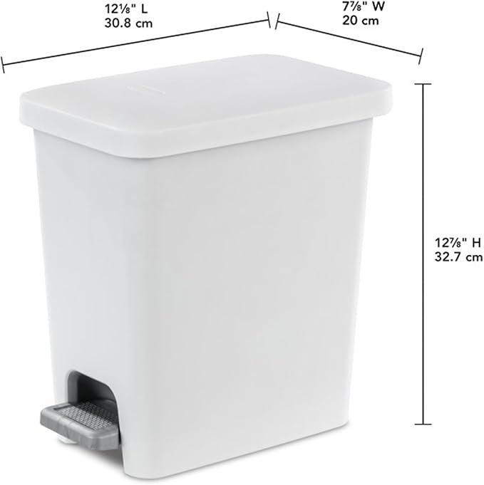 Sterilite 2.7 Gallon Rectangular Step On Kitchen Trash Bin Plastic Indoor Wastebasket with Removable Liner and Bag Holding Feature, White (6 Pack)