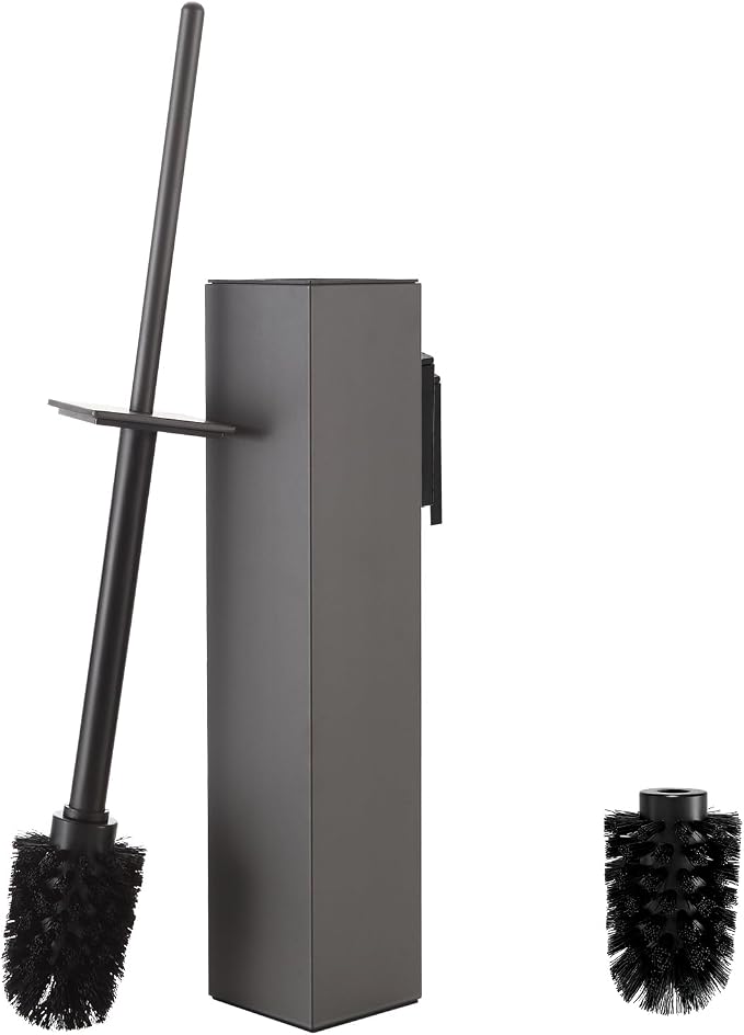 Toilet Brush and Holder Wall Mounted, Gun Gray Aluminum with 2 Replaceable Heads, Bathroom Toilet Brush, Drill or 3M Adhesive Mount, Removable Liner and Splash Guard, Modern Square Design