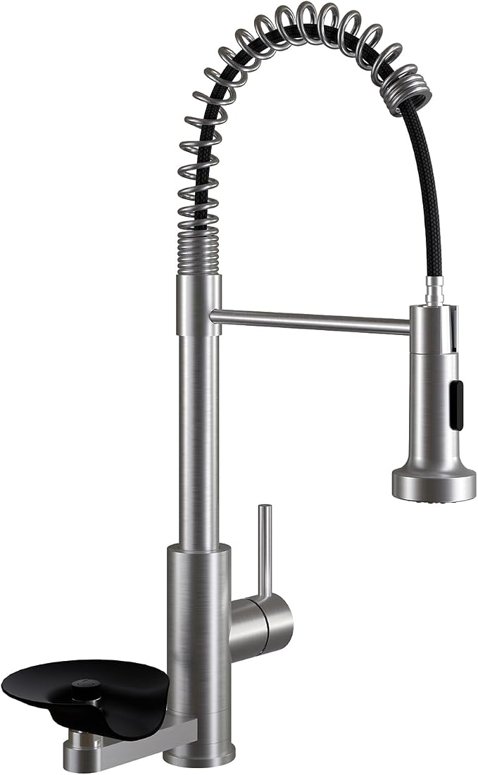 Kitchen Sink Pull Down Faucet with Cup Washer Single Handle Commercial Industrial Pull Out Spring Faucets with Glass Rinser fit 1 or 3 Hole for Farmhouse Camper Laundry Utility RV Wet Bar Brushed