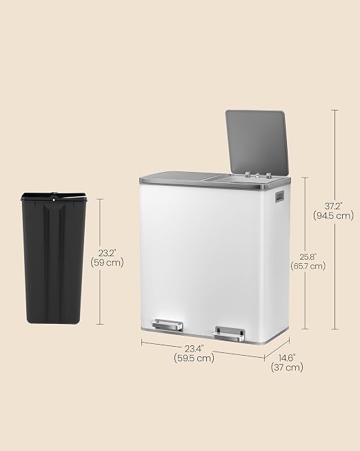 SONGMICS HOME Trash Can with 2 Compartments for Kitchen, Garbage Can with 15 Trash Bags, 2 x 8 Gallon (2 x 30 L), White