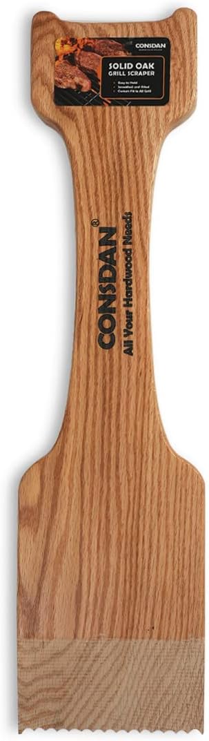 CONSDAN Wood Grill Scraper, Soild Oak Wooden Grill Brush, Grill Scraper for Outdoor Grill, Bristle Free Grill Scrapers, Grill Grate Cleaner Safe Wood Grill Brusher