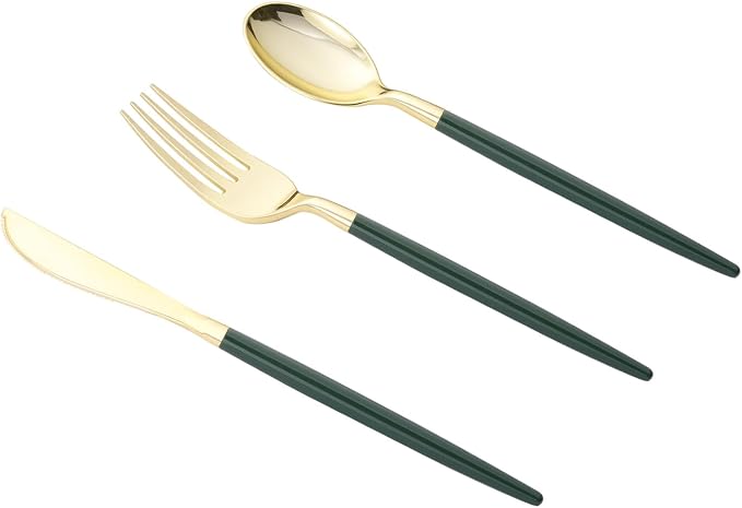 Goodluck 150 PCS Green Gold Plastic Silverware Set for 50 Guests,50 Knives, 50 Forks and 50 Spoons, Food-grade material free of BPA, Gold Plastic Cutlery Ideal for Weddings, Birthdays, Graduation