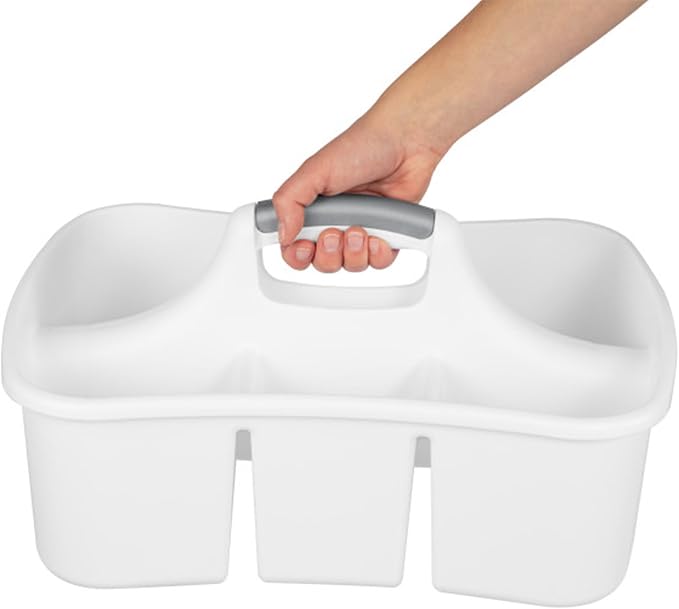 Sterilite Divided Ultra Caddy, Plastic, Portable Storage to Hold Bathroom and Cleaning Supplies, 4 Large Compartments and Handle, White, 18-Pack