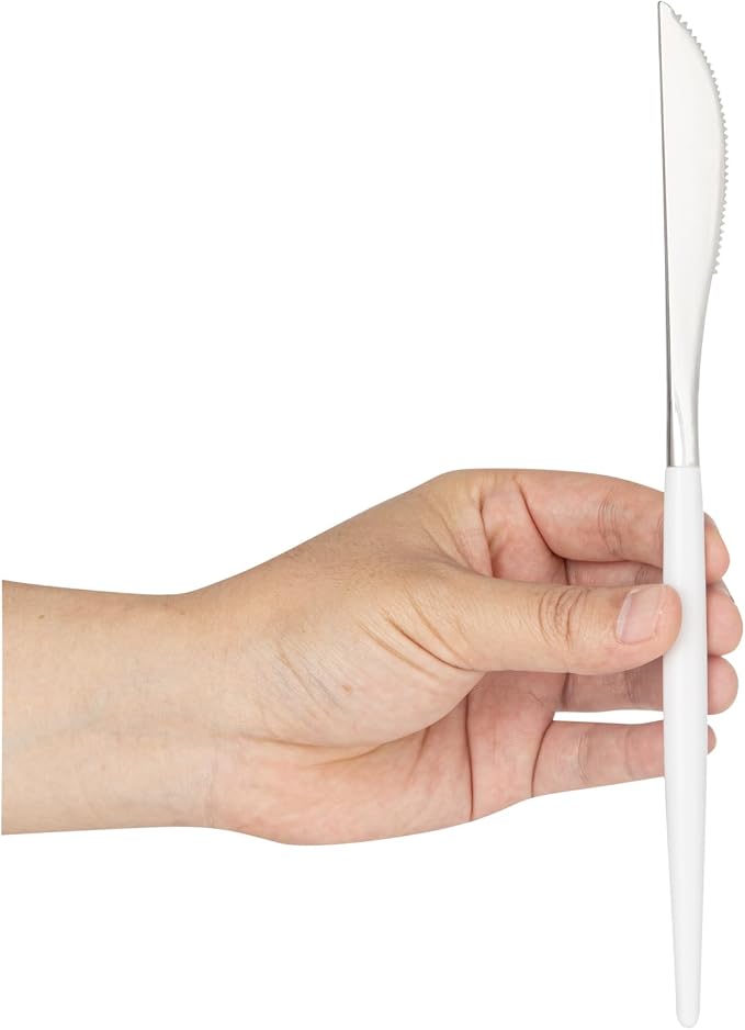 Restaurantware-Moderna 7.75 Inch Fancy Flatware, 50 Durable Plastic Flatware - With White Handle For Grip, Heavy-duty, Silver Plastic Knives, Serrated Edges Or Restaurants