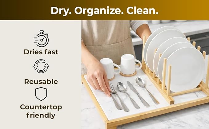 Premium Dish Drying Stone for Kitchen Counter 20” x 14” | Fast Absorbing Stone Drying Mat with Bamboo Dish Rack | Dish Drying Mat Plus Bamboo Set