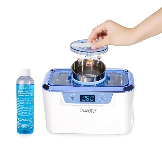 iSonic® DS310-WS+CSGJ01 Miniaturized Commercial Ultrasonic Cleaner with Integrated Stainless Steel Beaker Holder Set, White and Sapphire Blue, with a Bottle of Cleaning Solution