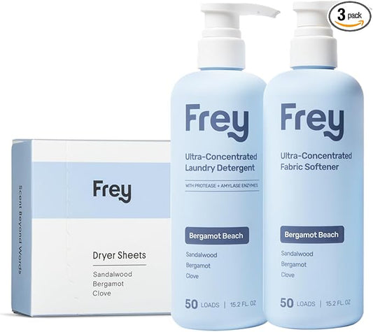 FREY The Complete Package - Concentrated Liquid Laundry Detergent, Fabric Softener, & Dryer Sheets (Sandalwood)