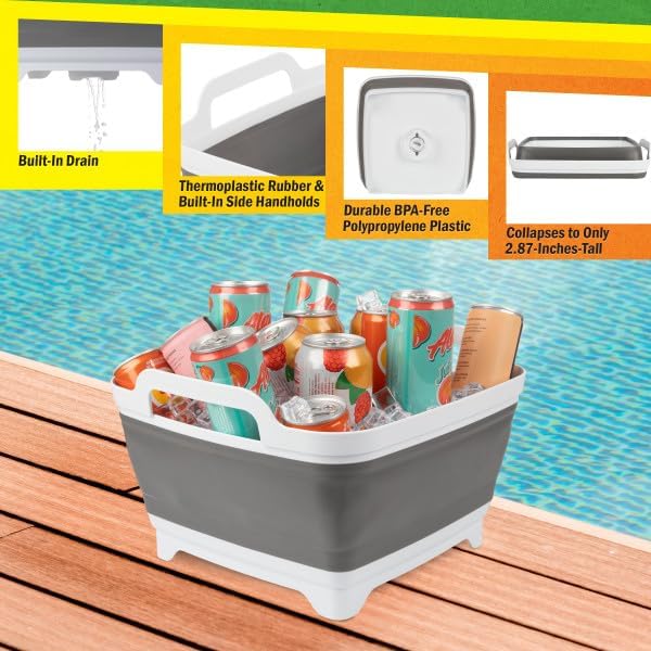 Collapsible Wash Basin - 9L Portable Sink with Drain - Plastic Tub Dish Pan for Camping, Handwashing Laundry, or Dishes by Wakeman Outdoors (Gray)