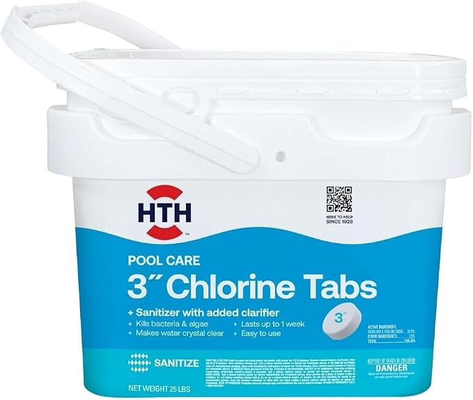 HTH 42046 Swimming Pool Care 3" Chlorine Tabs, Swimming Pool Chlorinating Sanitizer, 25lb