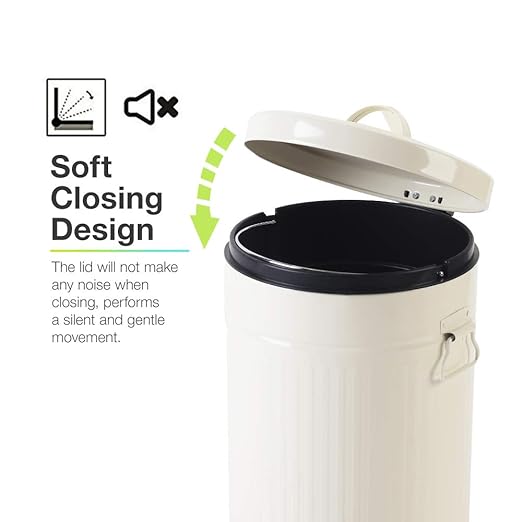 White Trash Can with Lid, Bathroom Bedroom Waste Basket Soft Close, Small White Garbage Can, Retro Vintage Home Office Trash Can, 12 Liter/3 Gallon, Glossy Cream White