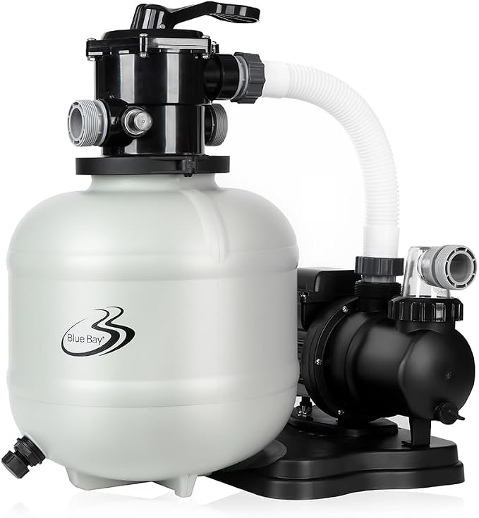 BlueBay 15in Sand Filter Pump with Timer, 7-Way Valve and Strainer Basket for Above Ground Pools up to 8000 Gallons – Easy Installation, Gray