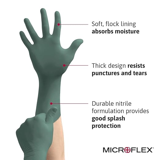Ansell Microflex Dura Flock DFK-608 Thick 11mil Nitrile Gloves w/Flock Lining for Automotive, Aftermarket, Machinery - Large, Green (Case of 500)