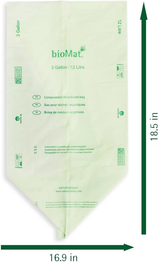 bioMat Compostable Trash Bags 3 Gallon, 125 Count, Small flat top Kitchen Food Scrap Bin Liners, BPI, CMA and OK Compost HOME certified, Meets the ASTM D6400 Standard