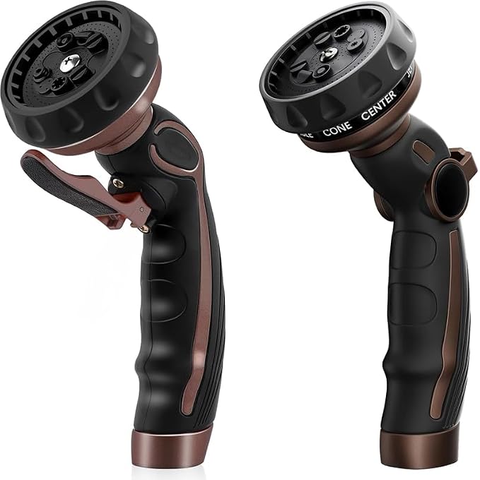 RESTMO Hose Nozzle with Easy Self-Lock Trigger, Heavy Duty Metal Water Hose Sprayer with 9 Spray Patterns and On/Off Valve, High Pressure | Thumb Flow Control, Ideal for Outdoor Lawn & Plant Watering