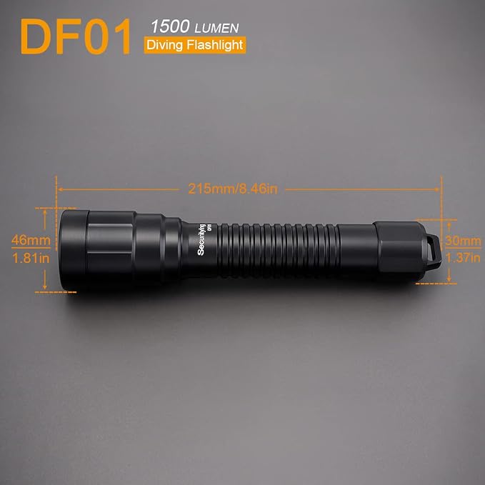SecurityIng DF01 Scuba Diving Light, 1500 Lumens Mechanical Twist On/Off Underwater 150M Recreational Technical Diving Safety Flashlight, 9 Degrees Narrow Beam IP68 Waterproof Submarine Dive Torch
