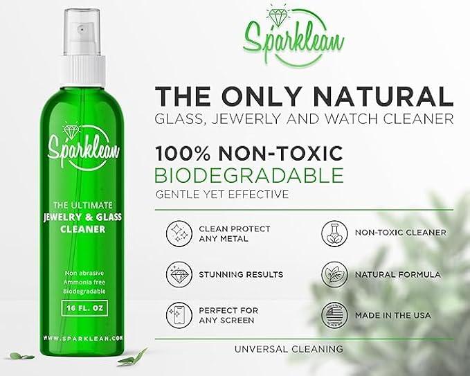 SPARKLEAN Jewelry Cleaner Spray 16oz · Family + Shared Household Size · Safe on Gold, Silver, Diamond, Pearl · Anti-Fog Eyeglass + Lens Spray · Ammonia-Free pH-Balanced · Made in USA Since 2000
