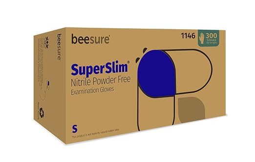 BeeSure BE1146 Superslim Nitrile Powder Free Exam Gloves, Small (Pack of 300),blue