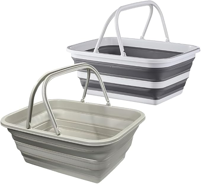 Monozuki Collapsible Sink 2 Pack 4.8Gal/18.1L, Heavy Duty Foldable Basin with Handles for Camping, Car Wash, Kitchen – Also Use as Storage Basket for Home, Garage, RV (Grey+Khaki)