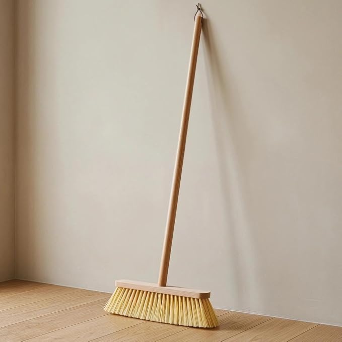 Wood Handle Household Broom - Heavy Duty PET Bristles for Pet Hair & Dust