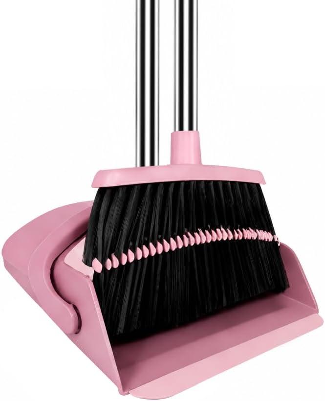 Broom with Dustpan Set & Mini Hand Broom and Dustpan, Pink 51" Long Handle Upright Cleaning Combo with Self-Cleaning Teeth for Pet Hair, Home, Kitchen, Office