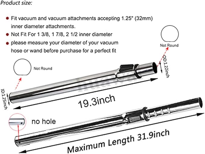 2 Pcs 1 1/4 inch Chrome Telescopic Metal Vacuum Wands 1.25 inch Vacuum Extension Wand Extends to 31.9 Inch Long for Most Brand Vacuum